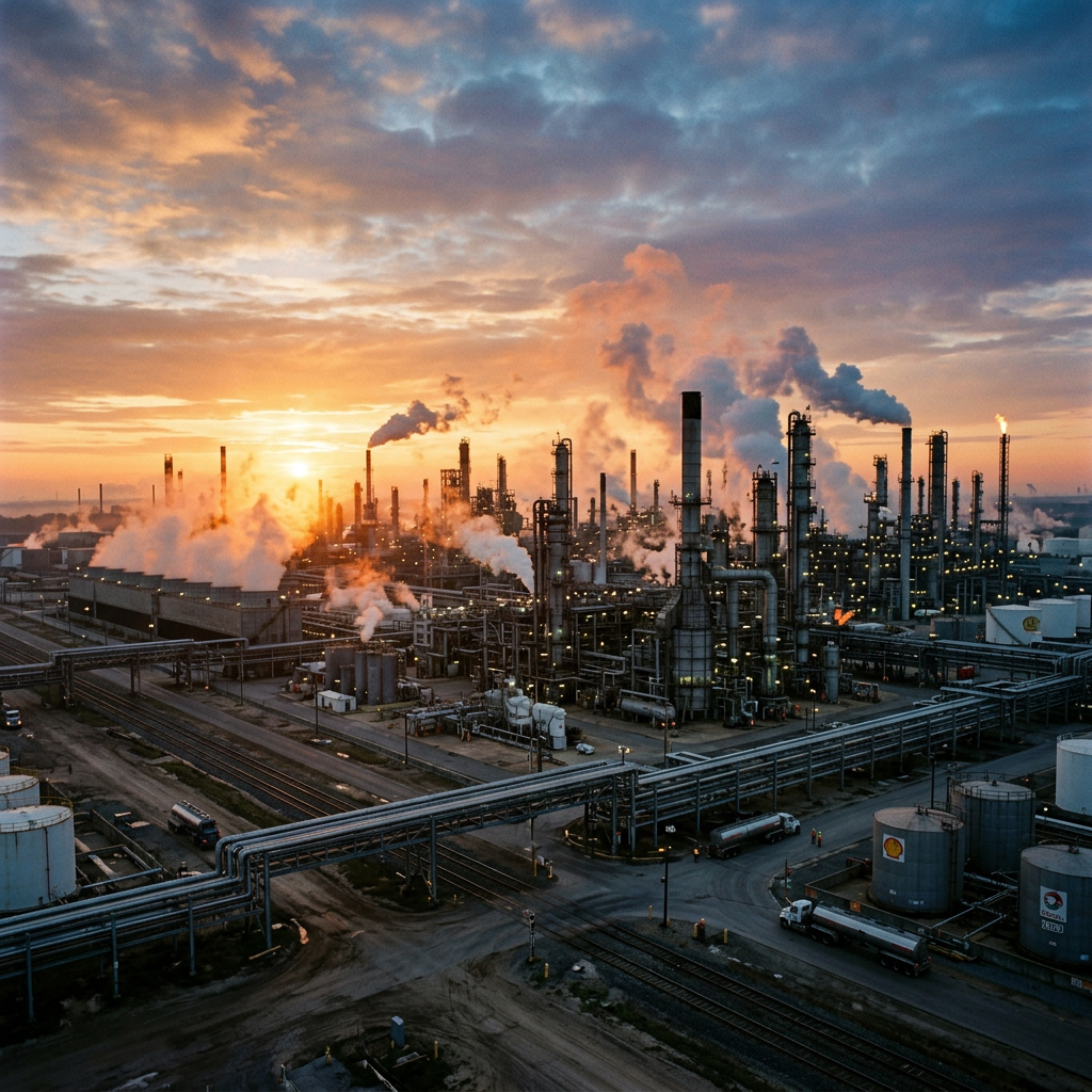 Large oil refinery with multiple chimneys releasing steam and smoke under a colorful sunrise sky