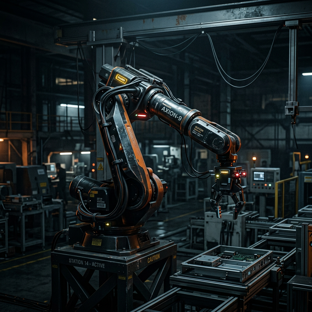 Robotic arm labeled AXION-9 working on electronic device assembly inside a factory