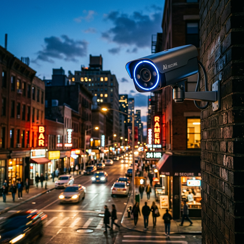 AI security camera mounted on building monitoring city street