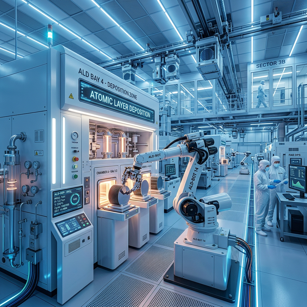 Robotic arm processing wafers in atomic layer deposition cleanroom with technicians working
