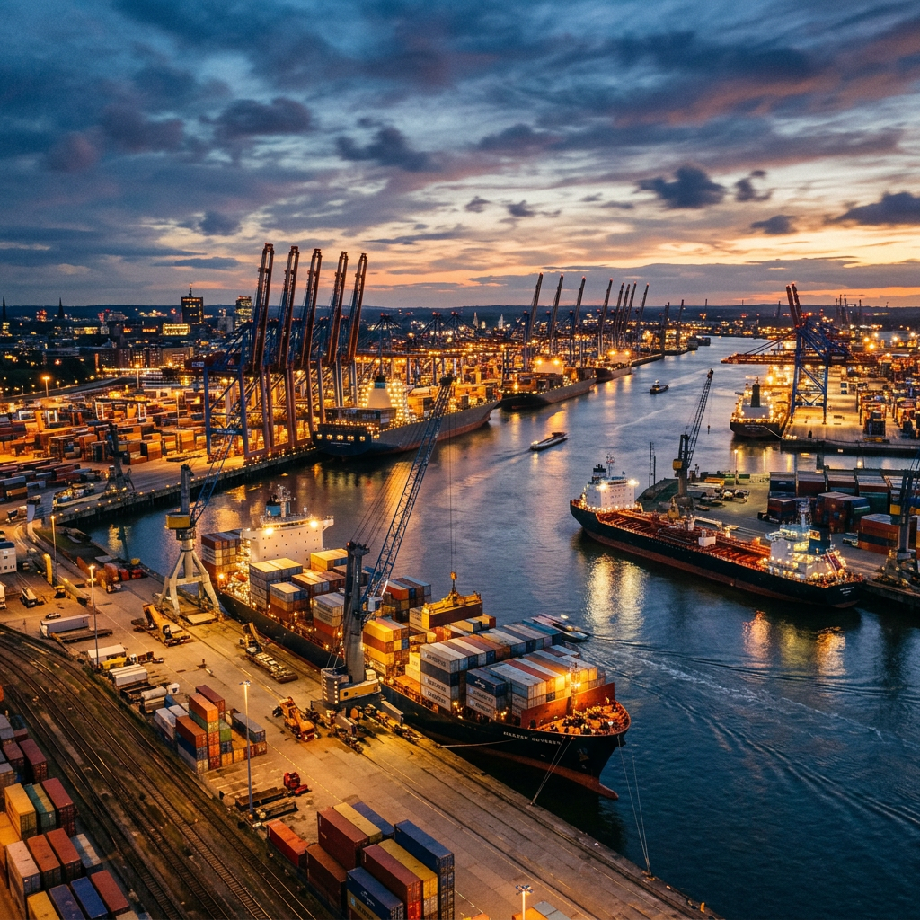 Container ships docked at port with cranes and stacked containers during dusk