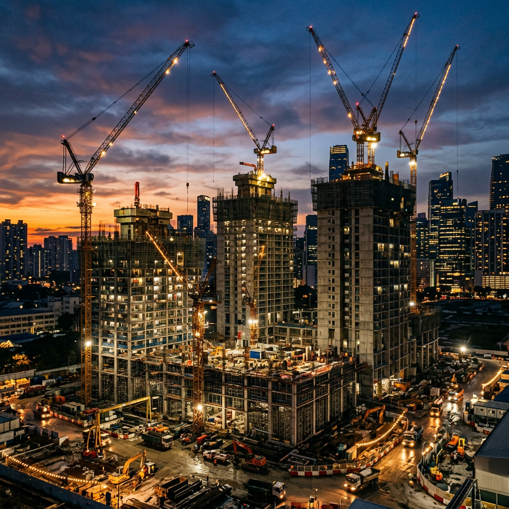 Construction site with cranes and partially built high-rise buildings at dusk with city skyline