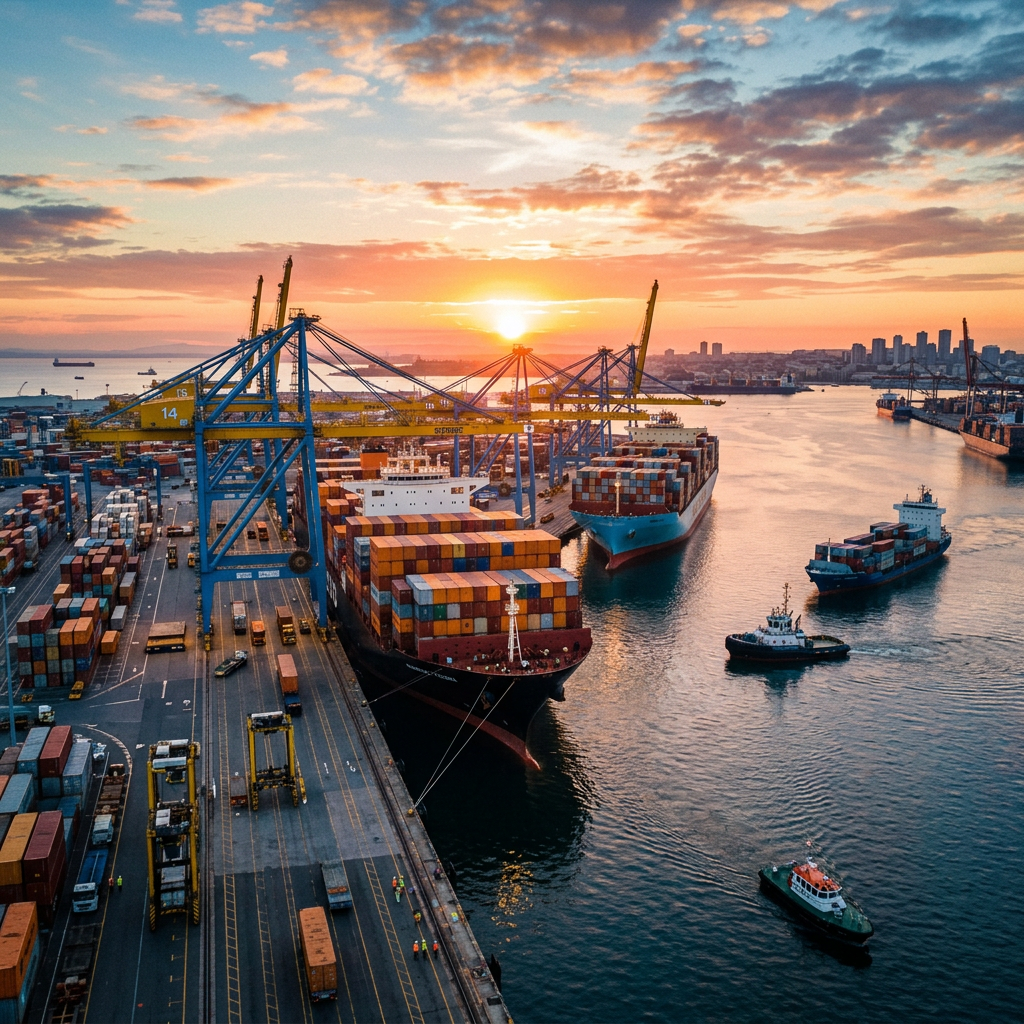 Container ships docked at port with cranes and tugboats at sunset