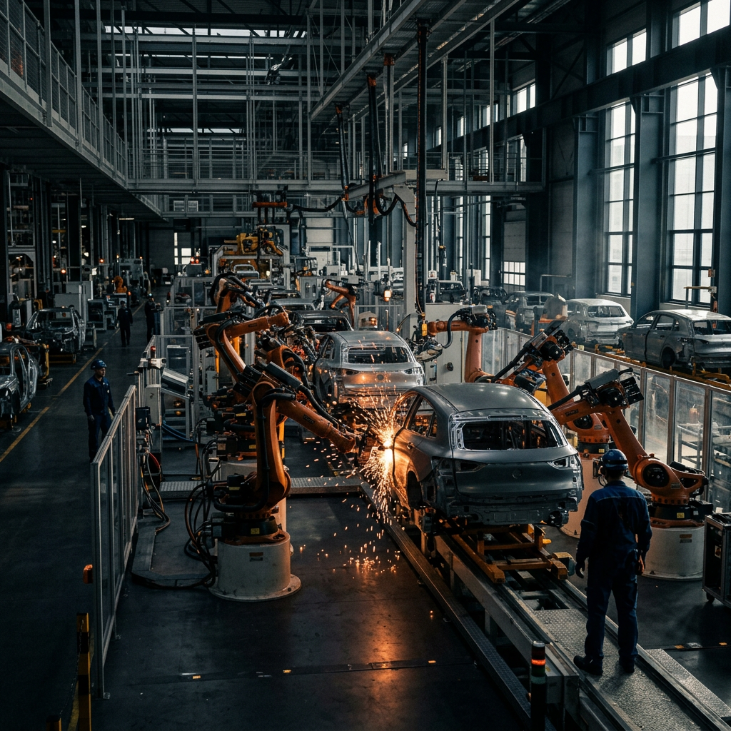 Robotic arms welding car frames on an automotive assembly line with workers nearby