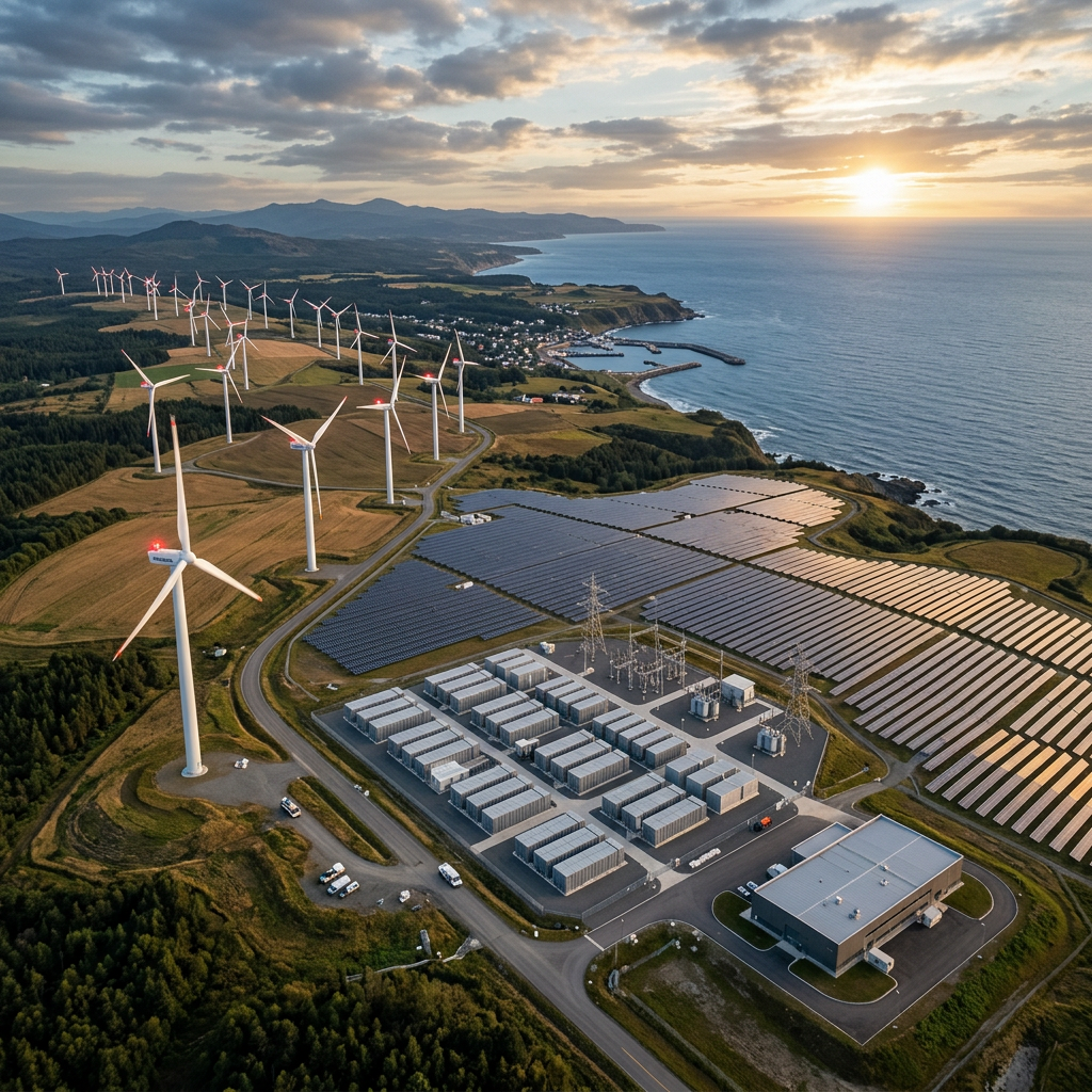 Coastal renewable energy farm with wind turbines, solar panels, and battery storage units