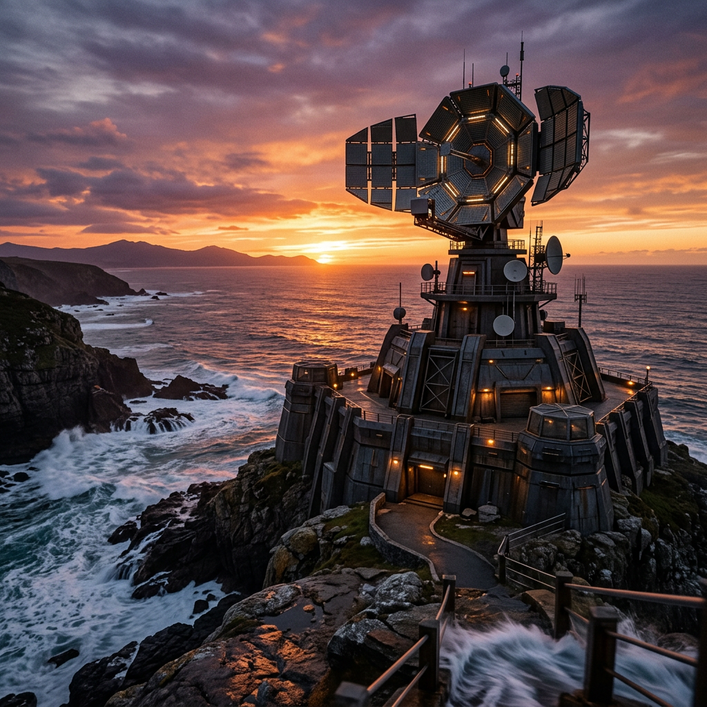 Futuristic radar station on rocky coastline at sunset with ocean waves