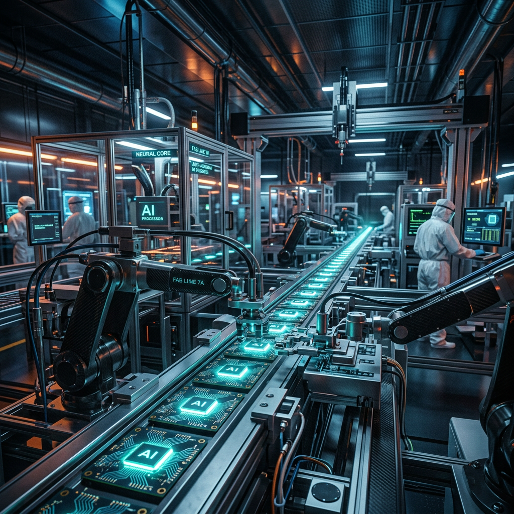 Robotic arms assembling AI processor chips on a conveyor belt in a high-tech factory