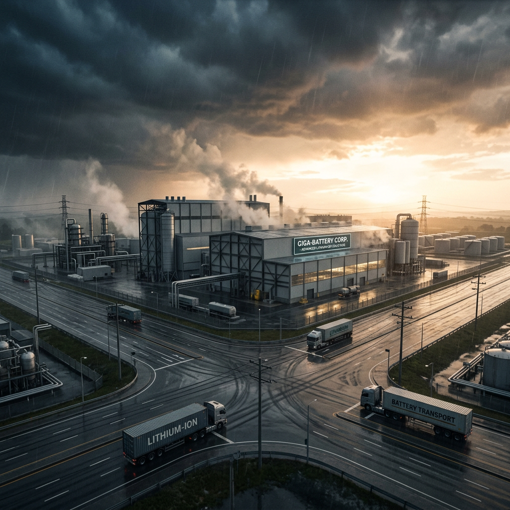 Battery manufacturing plant with trucks labeled lithium-ion and battery transport on wet roads at sunset