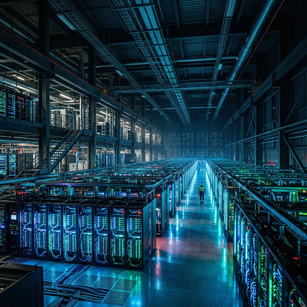 Technician walking through aisle of glowing server racks in data center
