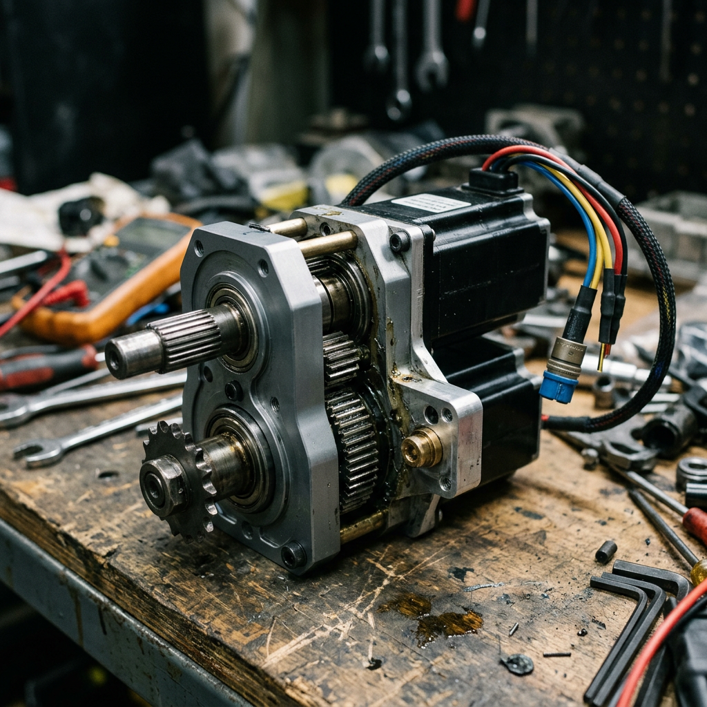 Electric motor with exposed gears and colored wires on a workshop bench