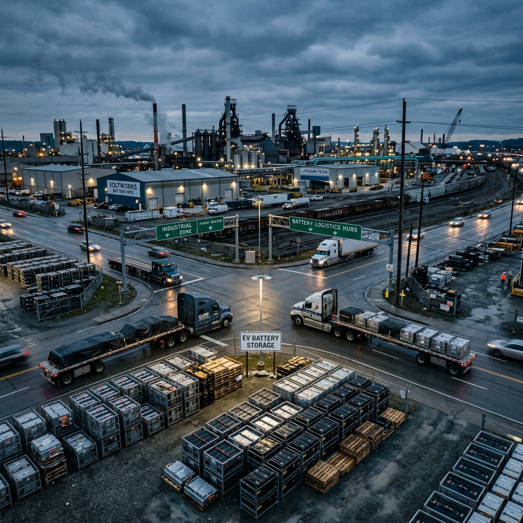 EV battery storage crates in yard with trucks and industrial factory background at dusk