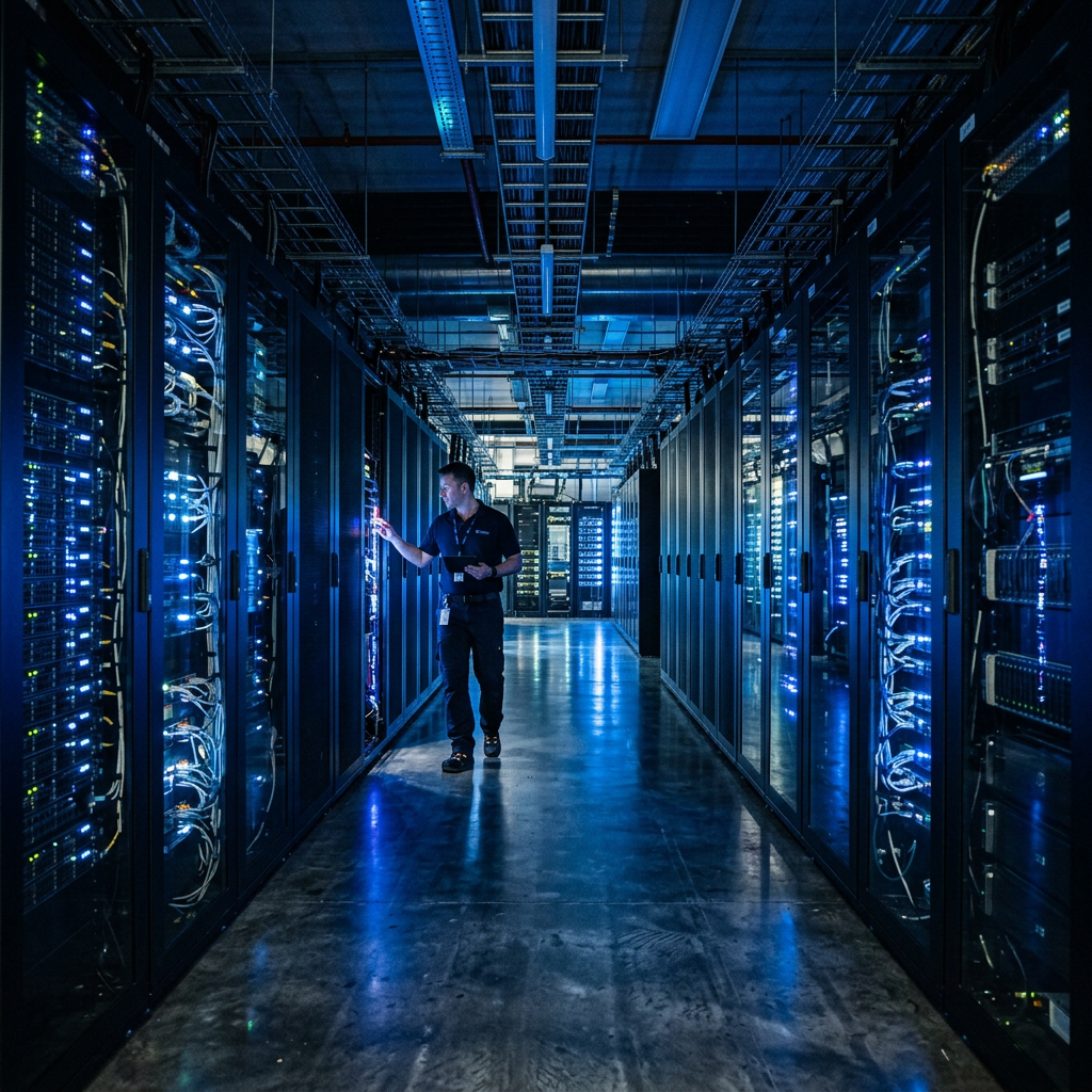 Technician checking illuminated server racks in data center aisle