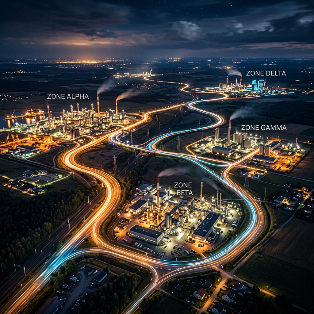 Night aerial view of industrial zones Alpha, Beta, Gamma, and Delta with illuminated roads and factory lights