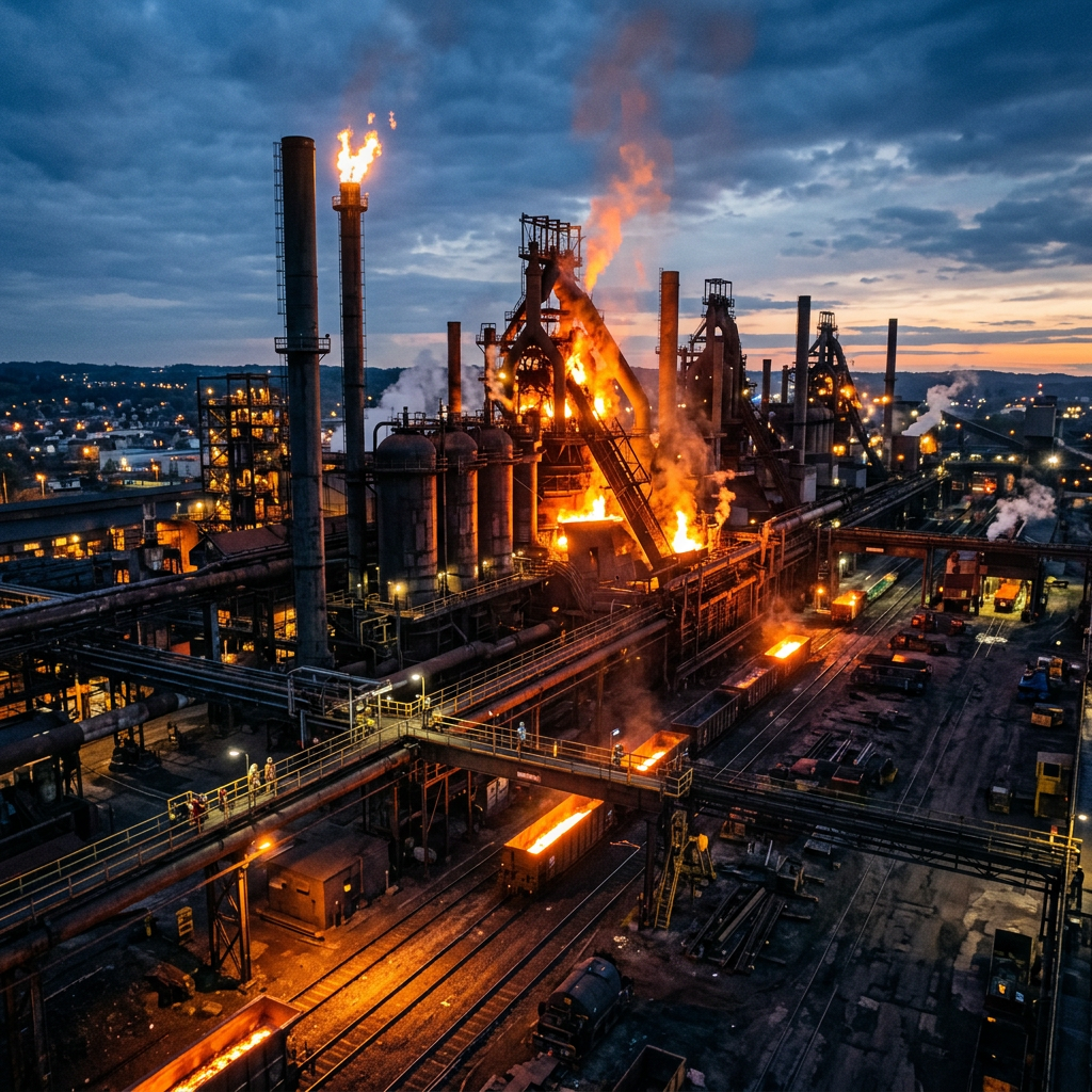 Steel plant with molten metal, flames, and industrial structures at dusk