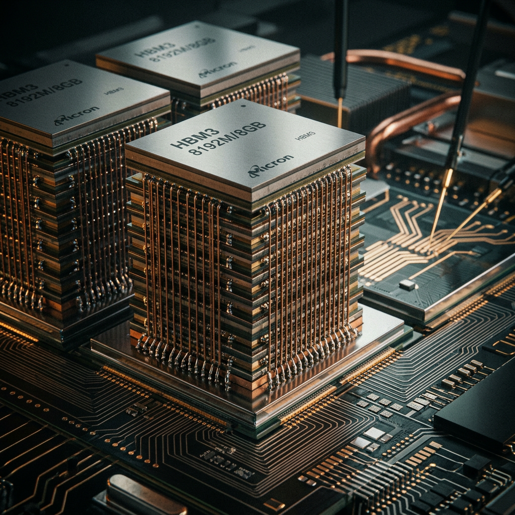 Stacked Micron HBM3 8192M/8GB memory chips on a circuit board with copper connections