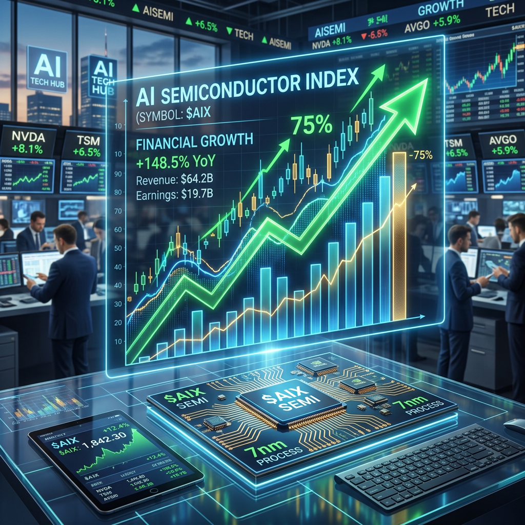 Futuristic digital chart displaying AI semiconductor index with financial growth stats and market data