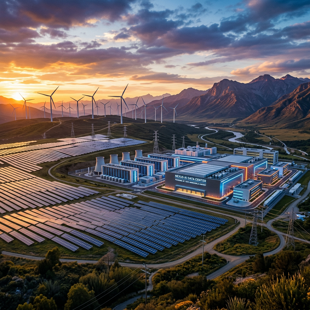 AI data center surrounded by solar panels and wind turbines with mountainous landscape