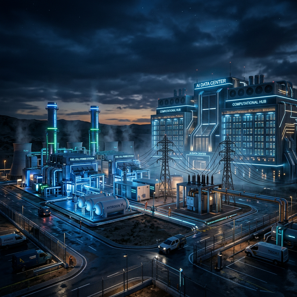 AI data center and hydrogen fuel cell power station with illuminated infrastructure at night