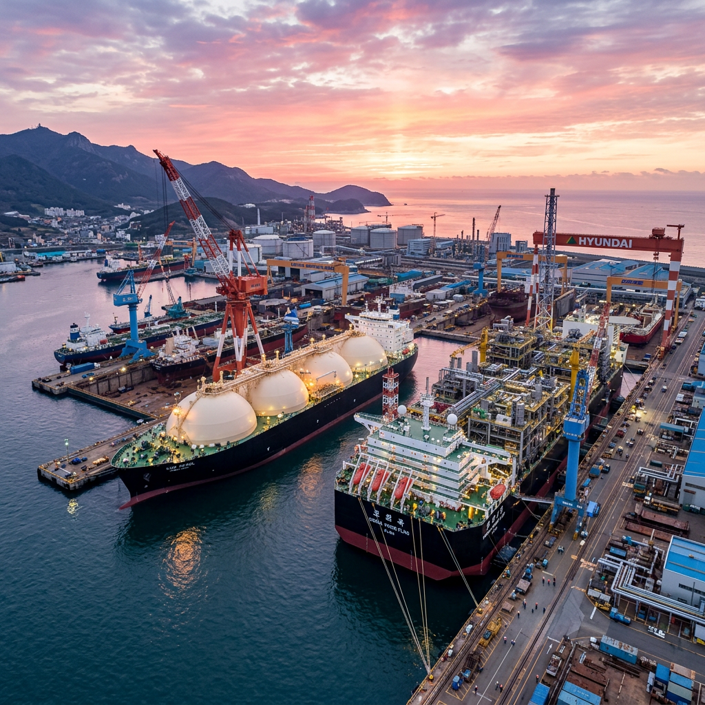 Hyundai shipyard with docked vessels, cranes, and mountains at sunset