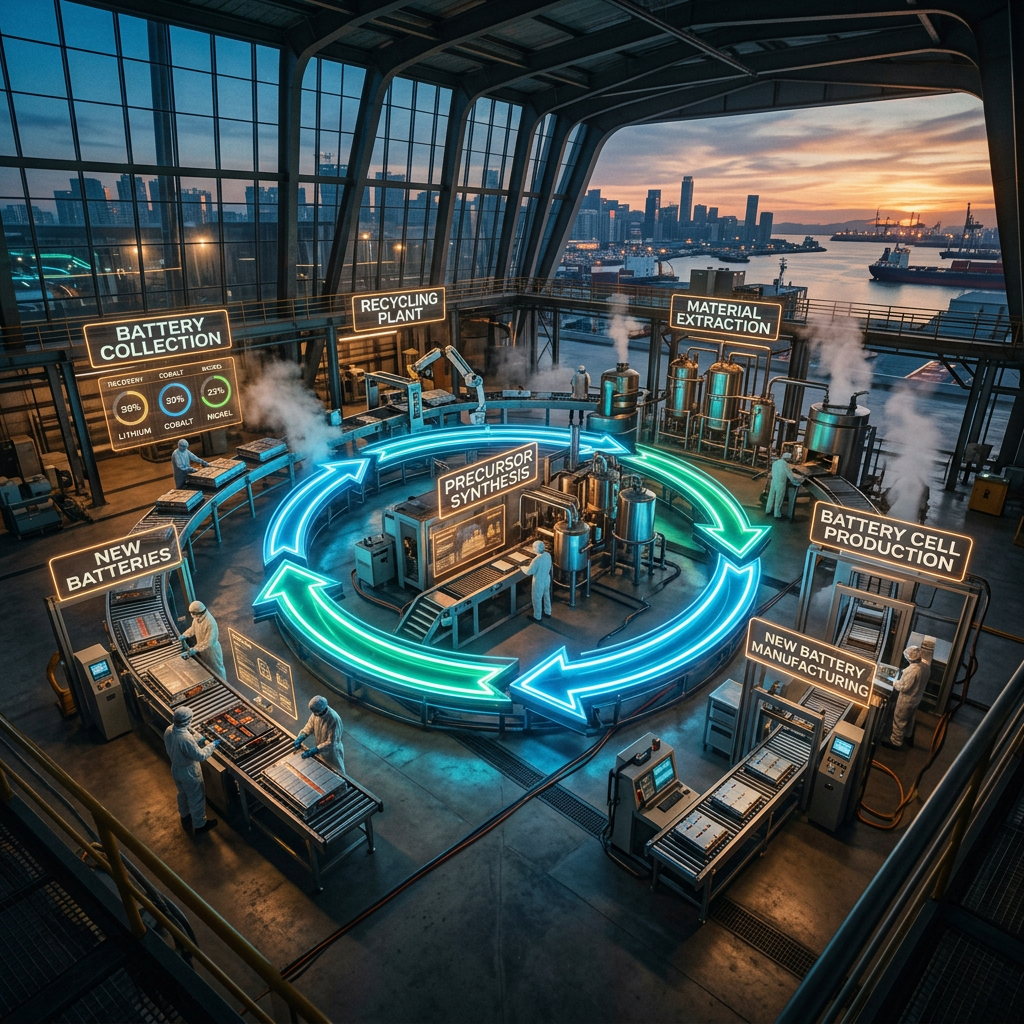 Battery collection, recycling plant, material extraction, precursor synthesis, battery cell production, and new battery manufacturing linked in a circular process; labels show nickel 90%, cobalt 90%, and nickel 23%.