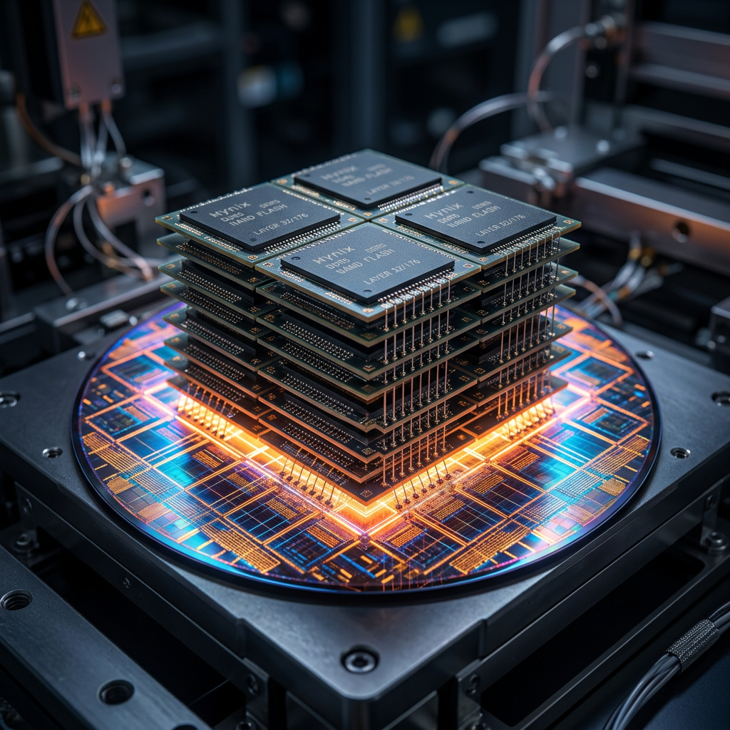 Stacked semiconductor chips mounted over a glowing patterned wafer