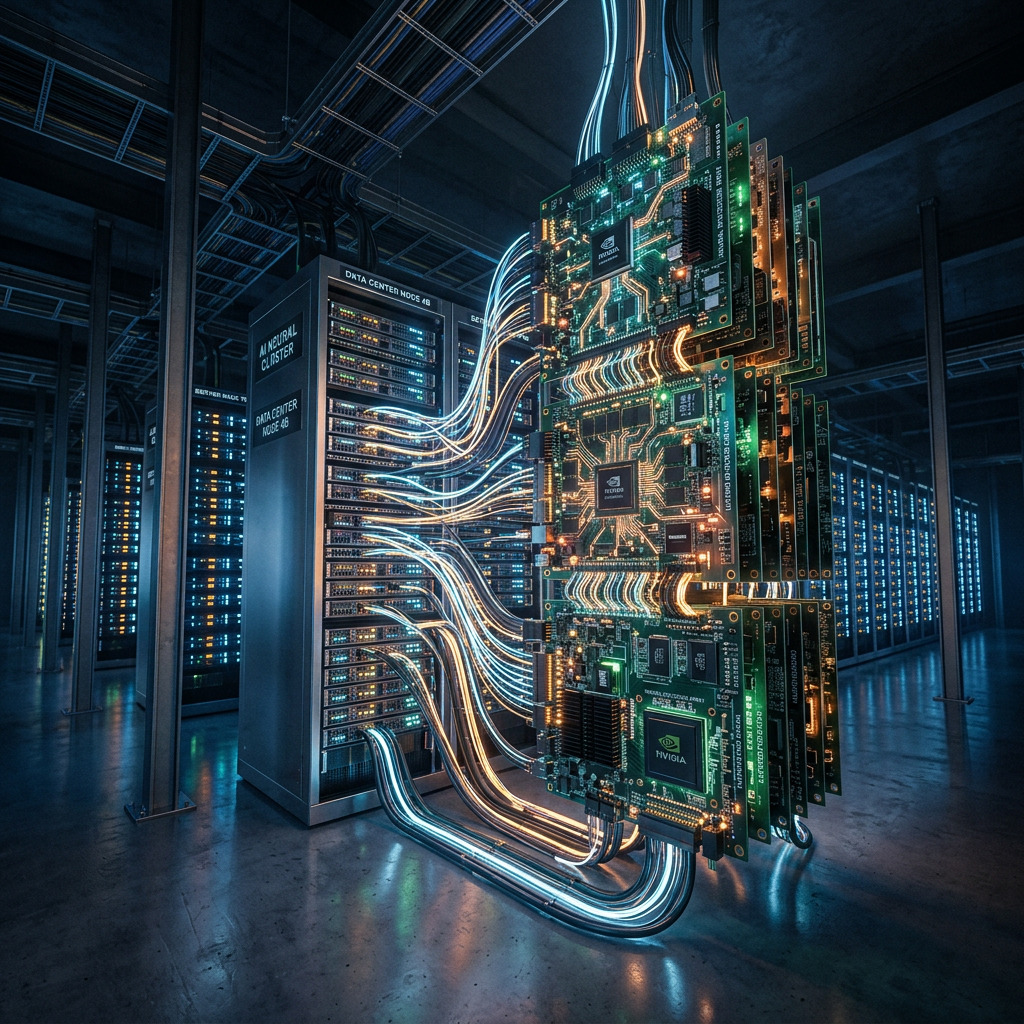 Glowing circuit boards linked to labeled data center server racks