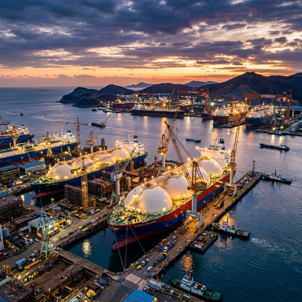 Illuminated harbor with gas carriers, cranes, mountains, and ships labeled NYUMBAI