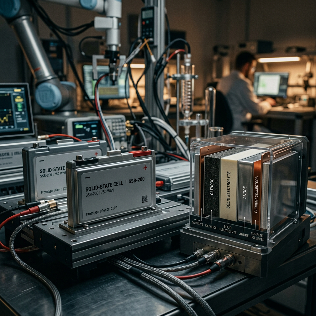 Solid-state cell prototypes labeled SSB-200 beside a cutaway battery cell diagram.