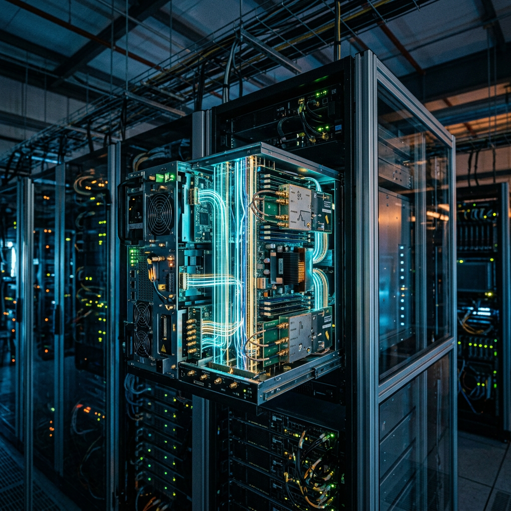Open server rack with illuminated components in a data center