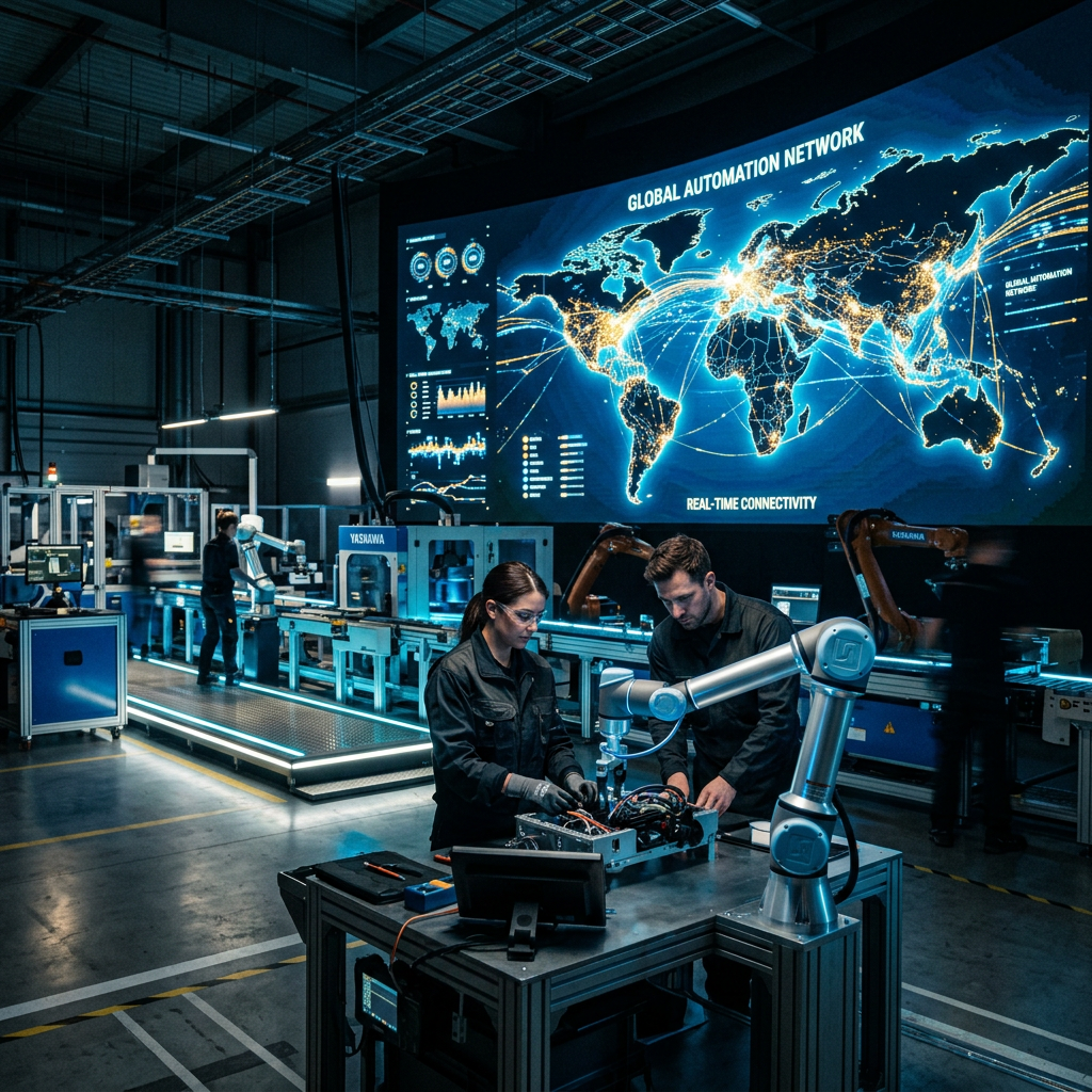Two engineers assembling a robotic arm in an automated manufacturing facility