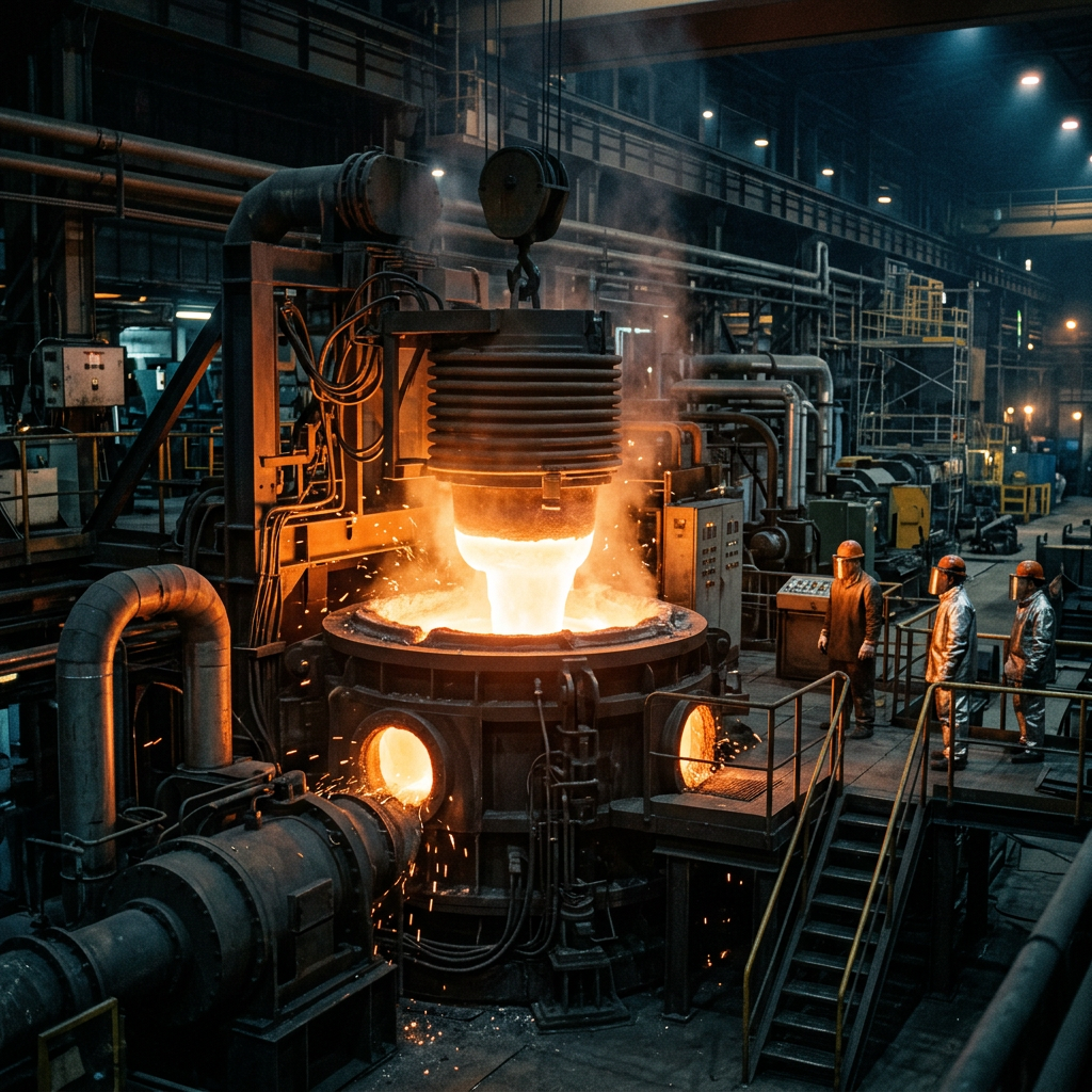 Workers supervise glowing molten metal being poured in an industrial foundry