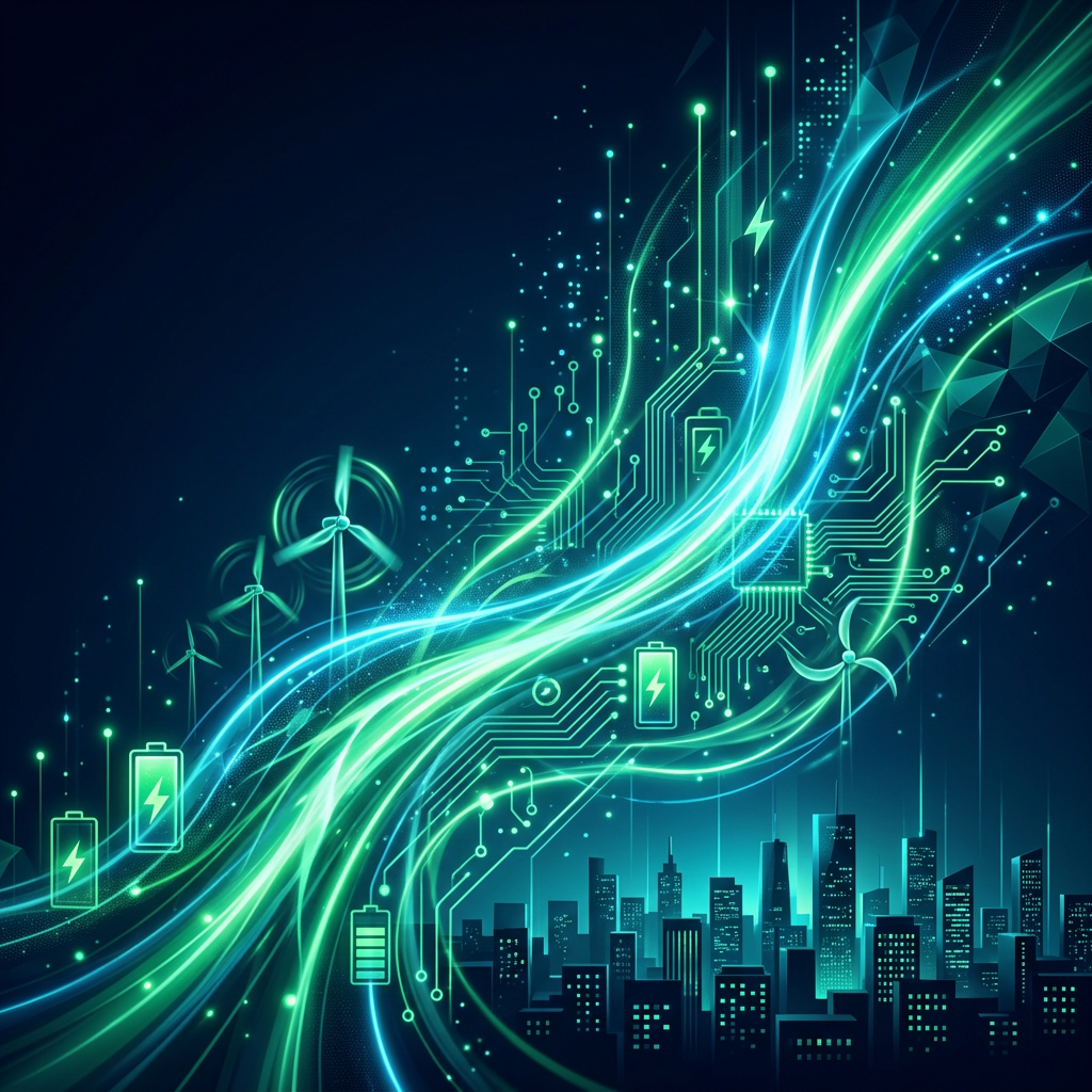 Glowing renewable energy lines connect wind turbines, batteries, circuitry, and a city skyline