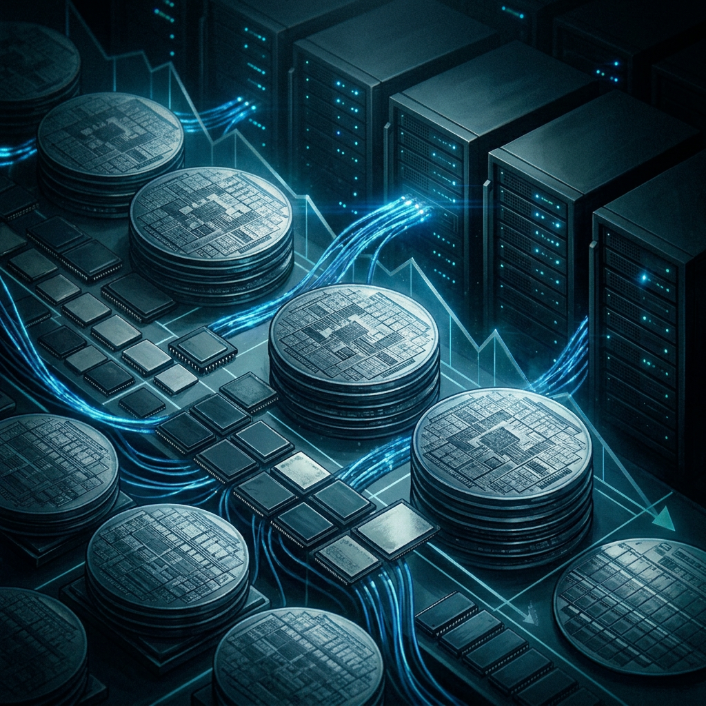 Illustration of chip stacks connected to server racks by glowing blue data cables