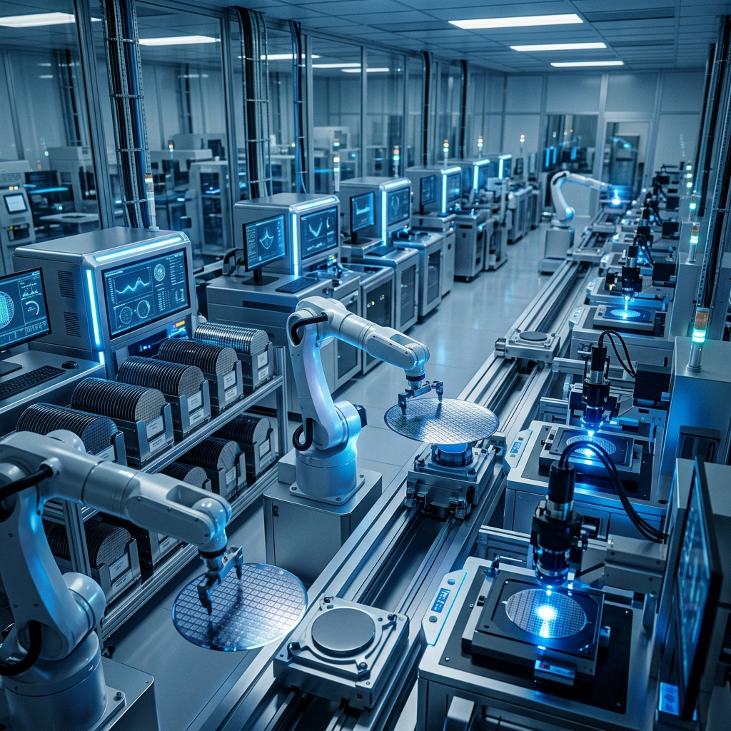 Robotic arms and monitors operating in a semiconductor manufacturing cleanroom