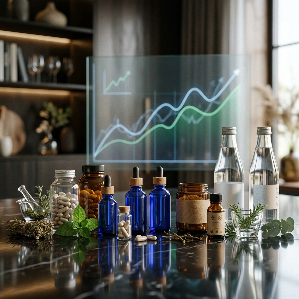 Supplements, herbs, bottled water, and an upward-trending graph