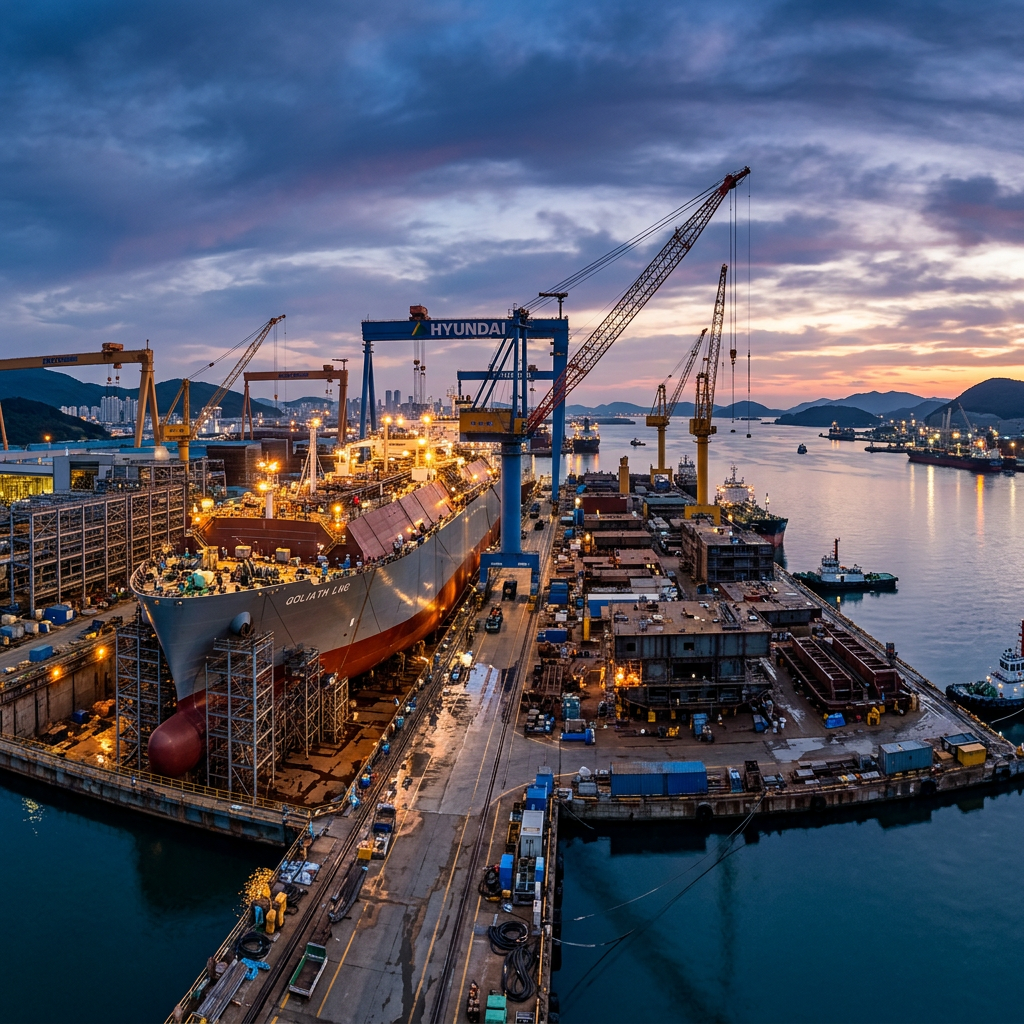 Hyundai shipyard with cranes, cargo ships, and mountains at sunset