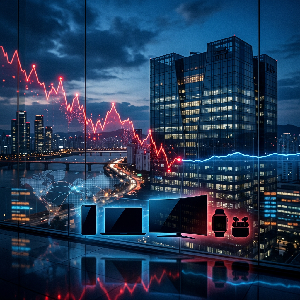 Nighttime city skyline with glowing financial graphs and digital devices