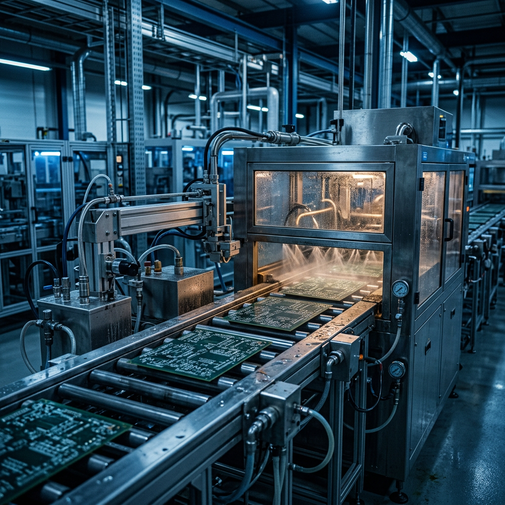 Circuit boards moving through automated factory processing equipment