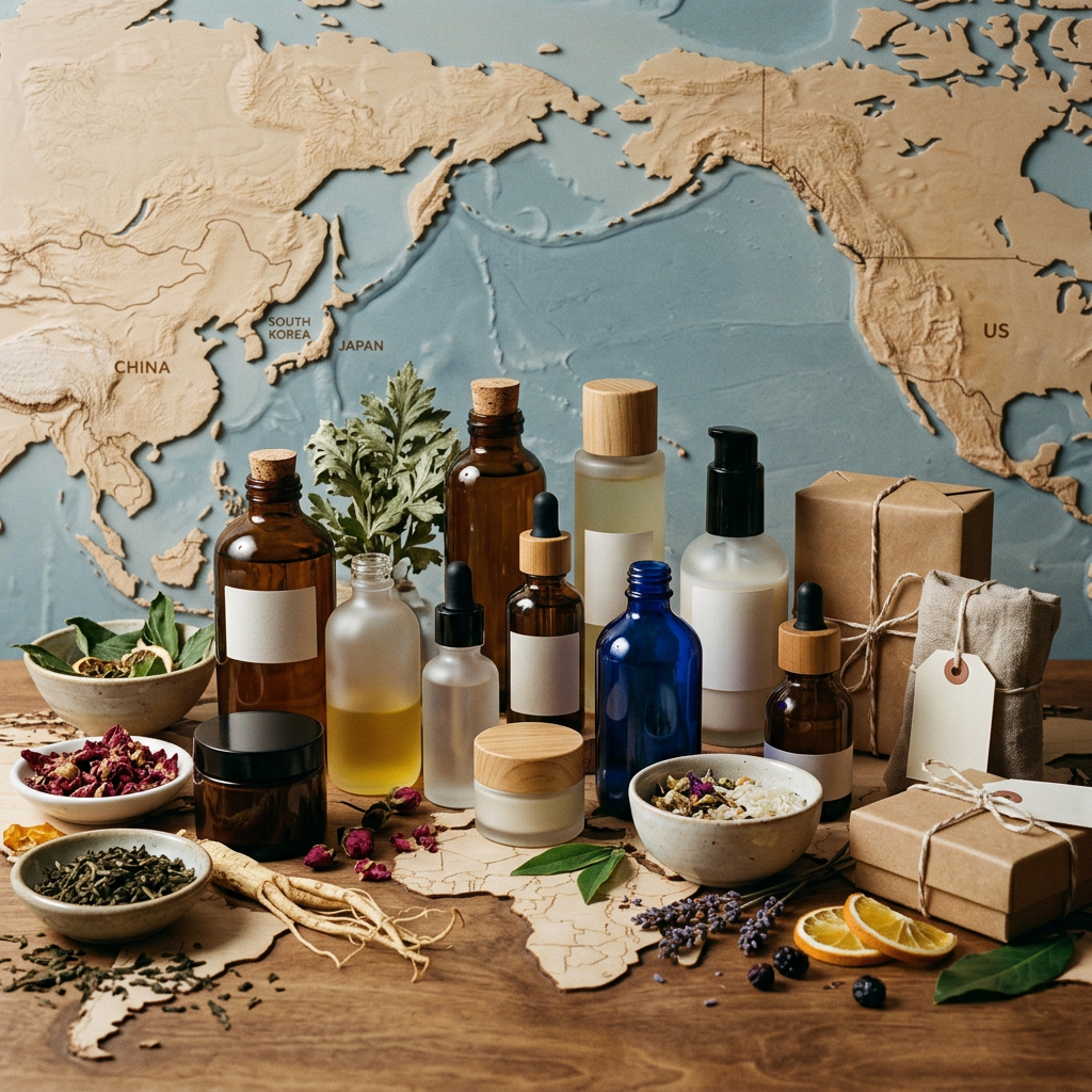 Bottles, herbs, teas, and gift boxes arranged before a world map