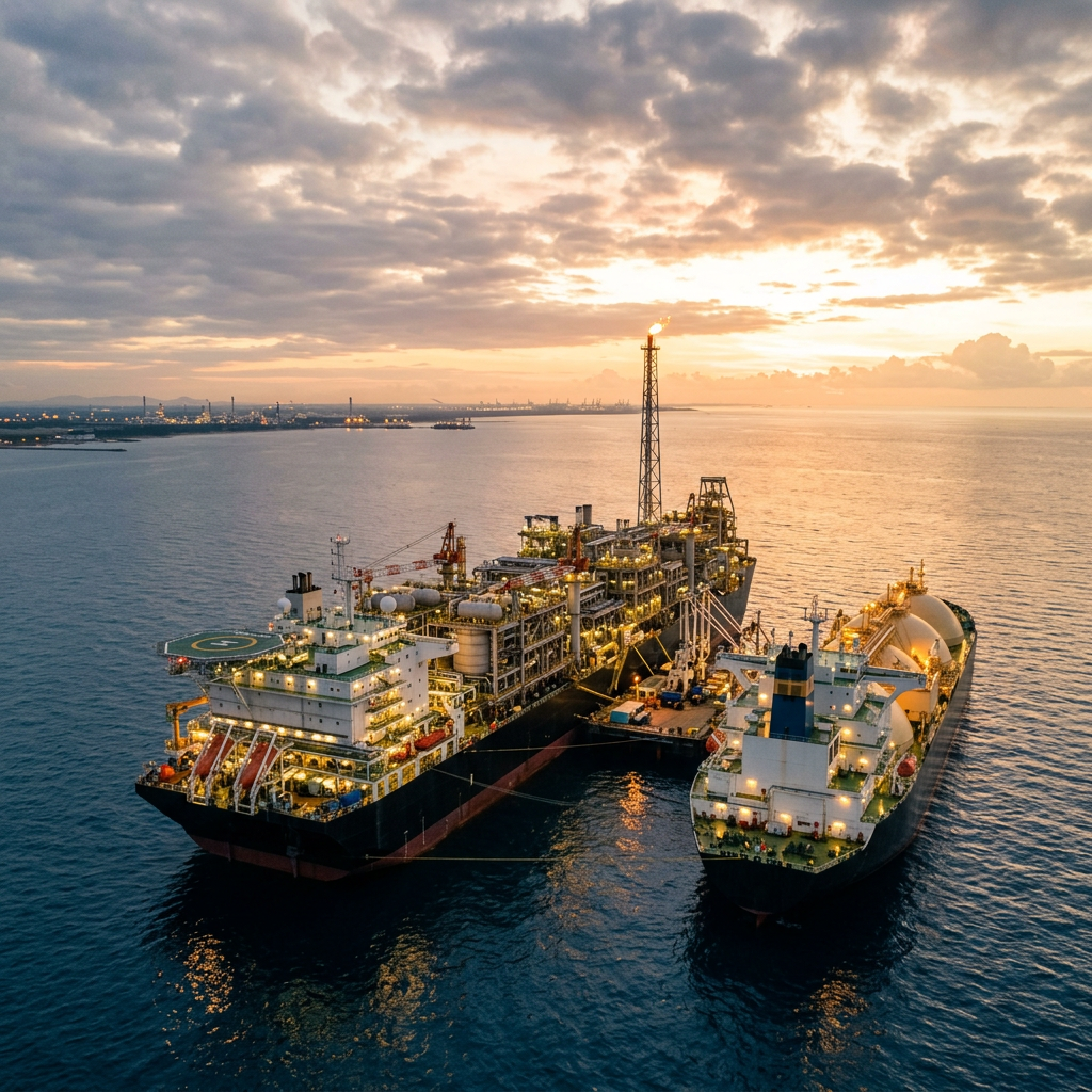 Two illuminated offshore energy vessels floating side by side at sunset