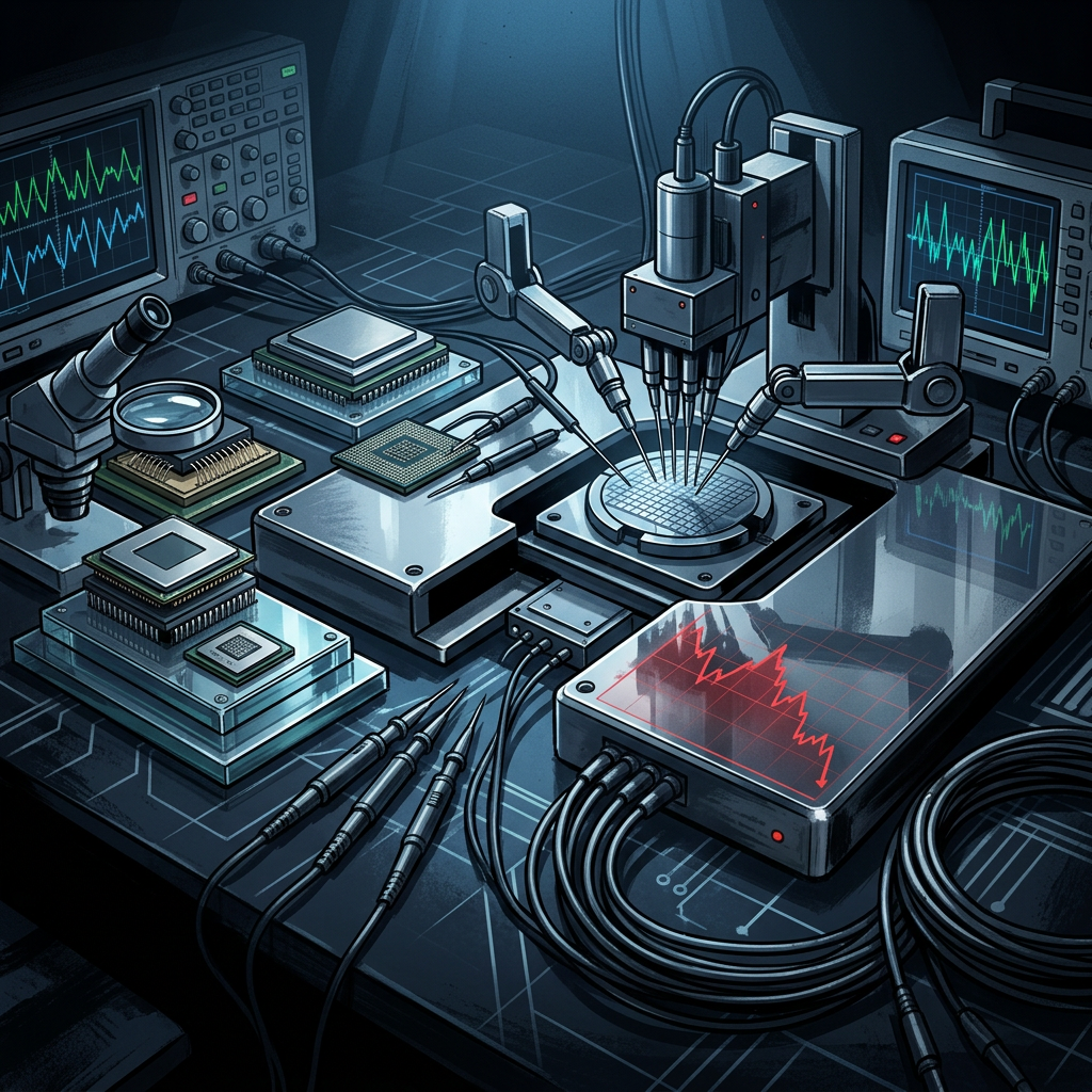 Semiconductor testing workstation with probes, chips, and waveform monitors