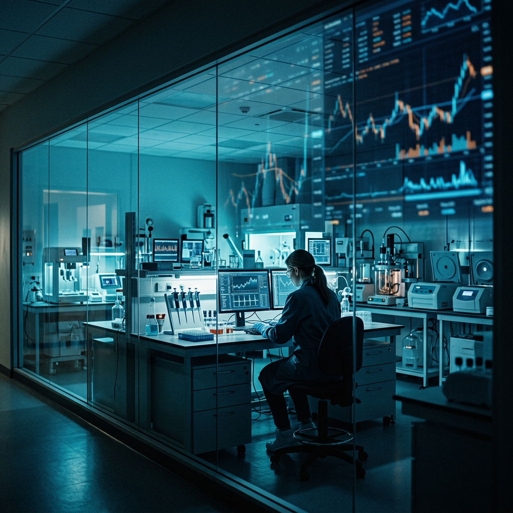 Researcher monitoring laboratory equipment and data charts on computer screens