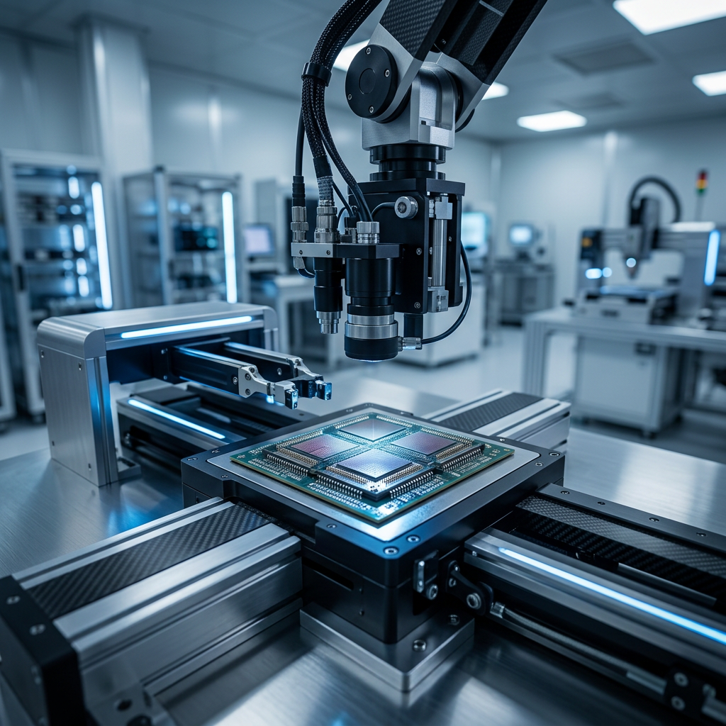 Robotic assembly arm positioned above a microchip manufacturing platform