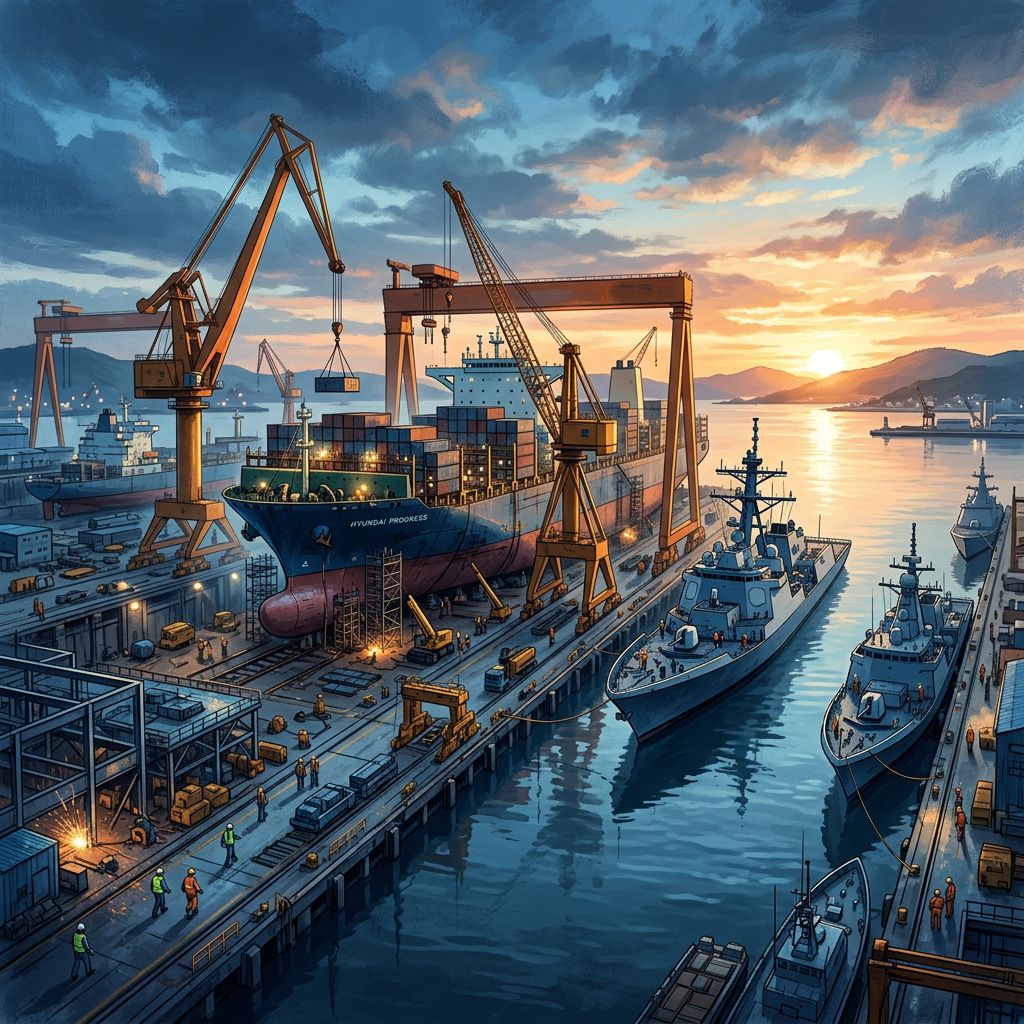 Busy shipyard with cranes, cargo ships, and naval vessels at sunset
