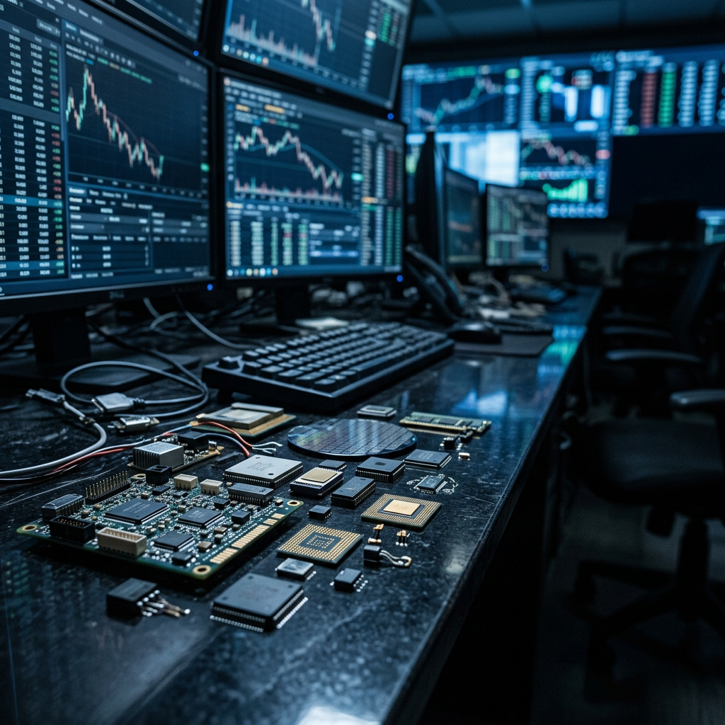 Trading monitors with market charts above computer chips and circuit boards