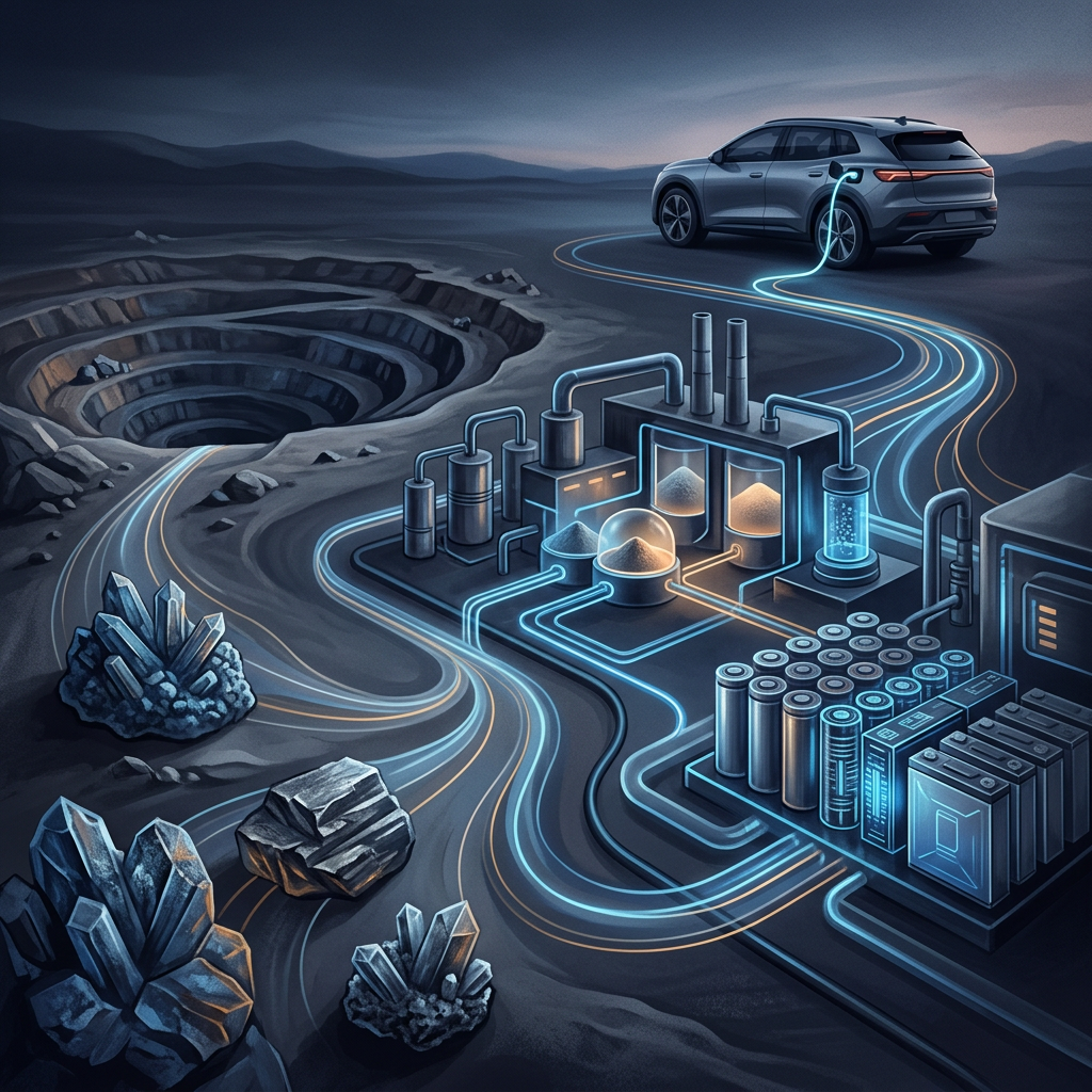 Electric vehicle connected to a battery production facility near a mineral mine