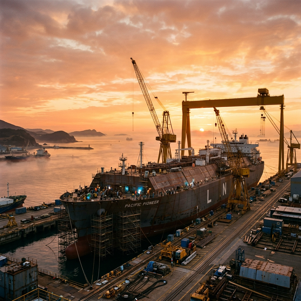 Pacific Pioneer ship undergoing repairs at a coastal shipyard