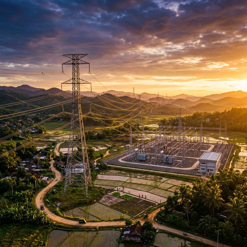 High-voltage substation and transmission towers beside rural rice fields at sunset