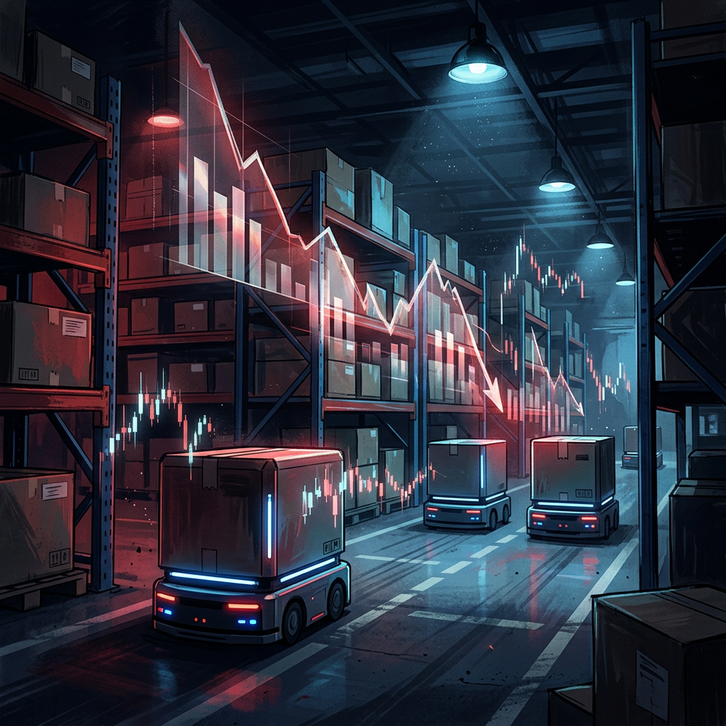 Three autonomous vehicles navigate a warehouse beneath a falling red market chart