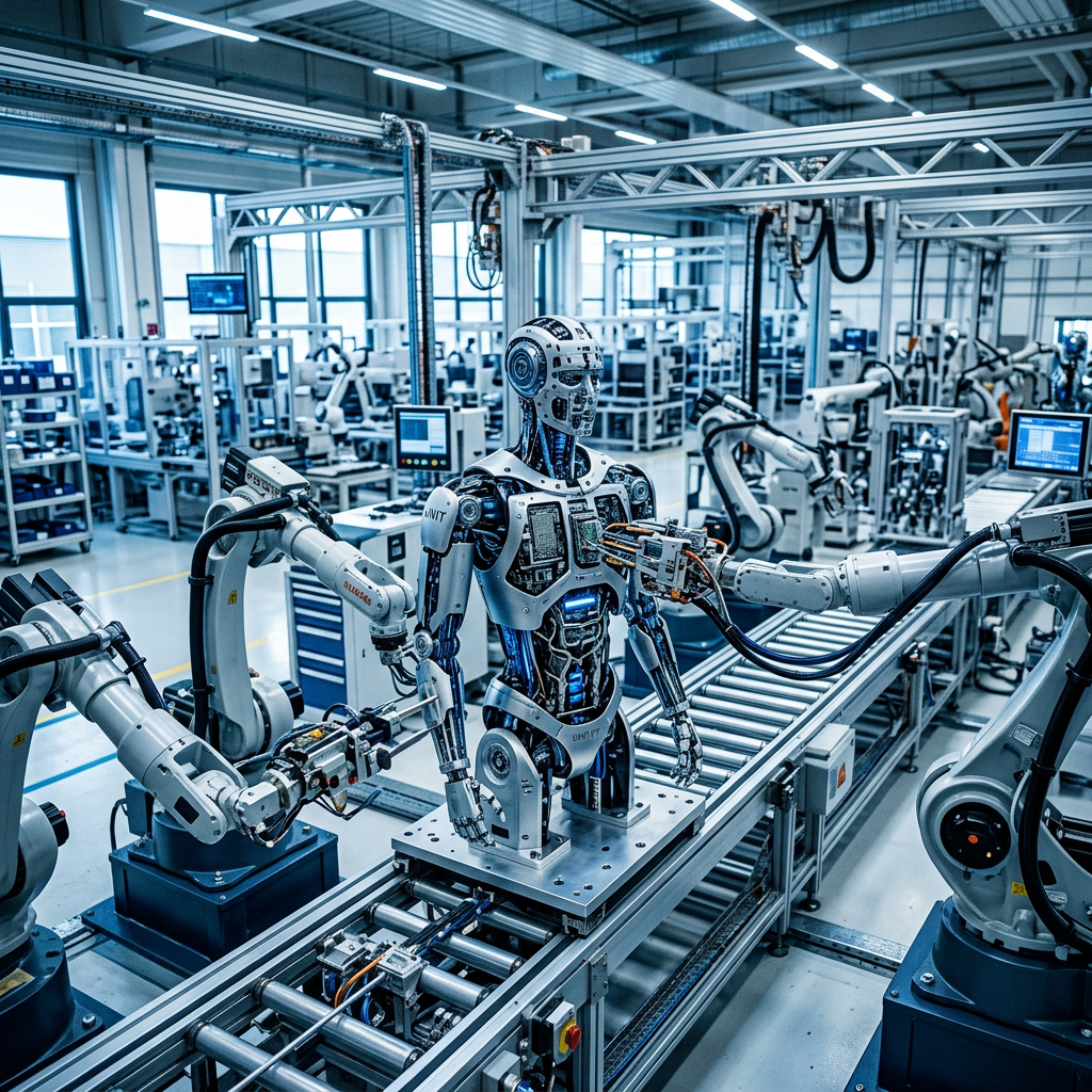 Humanoid robot surrounded by robotic arms on a factory assembly line
